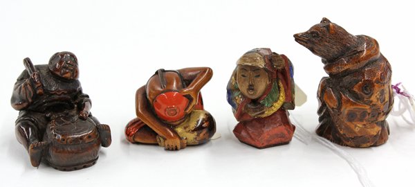 Four Japanese Figural Netsuke, 19th C: (Lot of 4) Japanese figural netsuke, 19th century: a boxwood carving of a seated karako playing a large drum, 1.75''; a lacquer decorated boxwood figure of a man drinking sake from a red sakezuke, gil