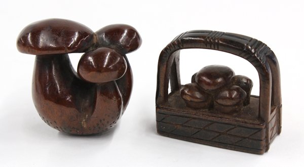 Two Japanese Boxwood Netsuke, Mushrooms, 19th C: (Lot of 2) Japanese boxwood netsuke of mushrooms, the first of a 19th century cluster of three mushrooms, 1.8''; the second late 19th century, carved as a group of small mushrooms in a rectangular bas