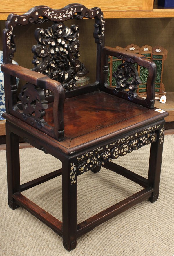 Chinese Mother-of-Pearl Inlaid Chair: Chinese mother-of-pearl inlaid hardwood chair, late Qing/early Republic period, with a scrolling back splat suspending a bat above a pine shading a spotted deer bracketed by a pair of ruyi scepters an