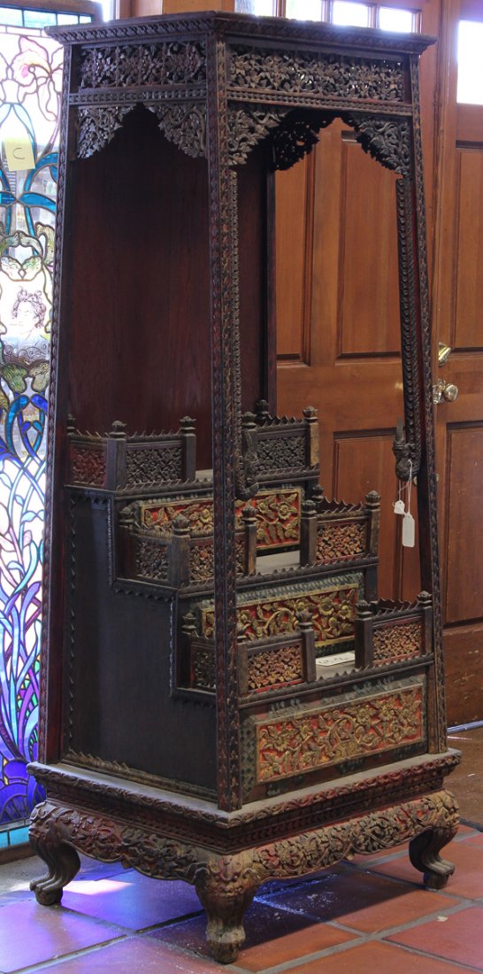 Thai Gilt/Lacquer Wood Altar, Bangkok: Thai gilt and lacquer decorated wood altar, Bangkok period, of slightly flaring rectangular form and fashioned with three stepped tiers, each defined by a shallow gallery formed by pierced floral pane