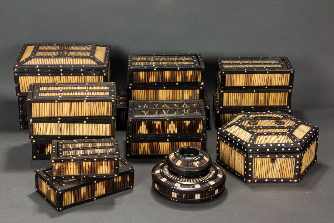 Group of eighteen Anglo-Indian ebonized wood and quill boxes of various shapes and sizes: Group of eighteen Anglo-Indian ebonized wood and quill boxes of various shapes and sizes, greatest 3.5"h x 8.25"w x 6.25"d
