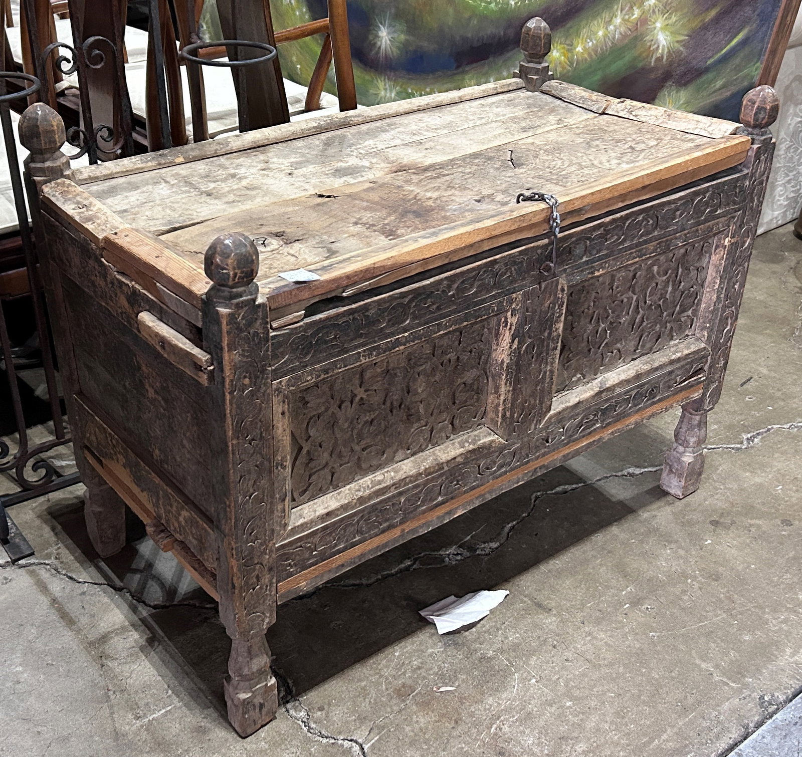 Afghan primitive carved chest: Afghan primitive carved chest, 29"h x 39"w x 20"d