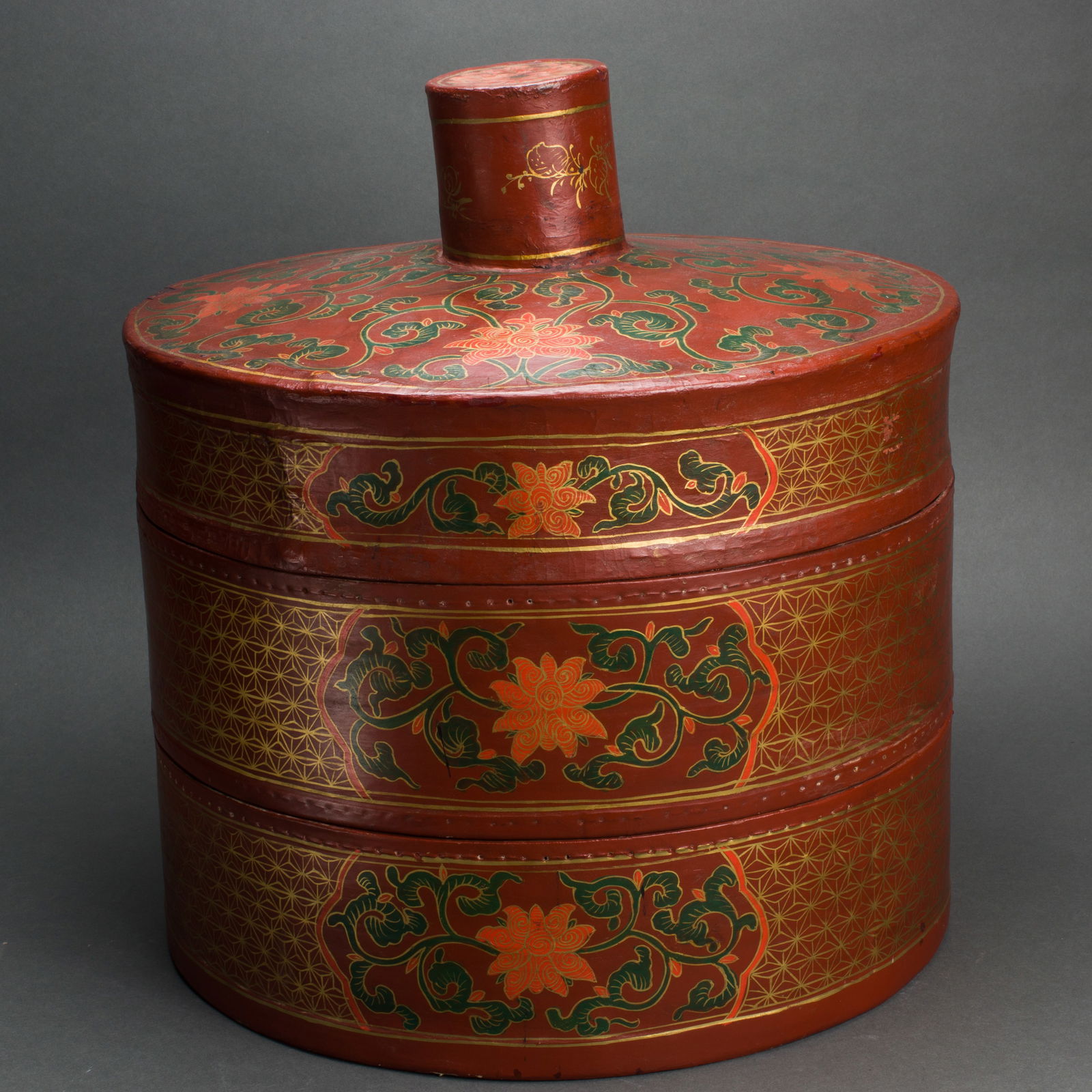 Chinese leather three-tiered hat box for a court official (1 of 2)