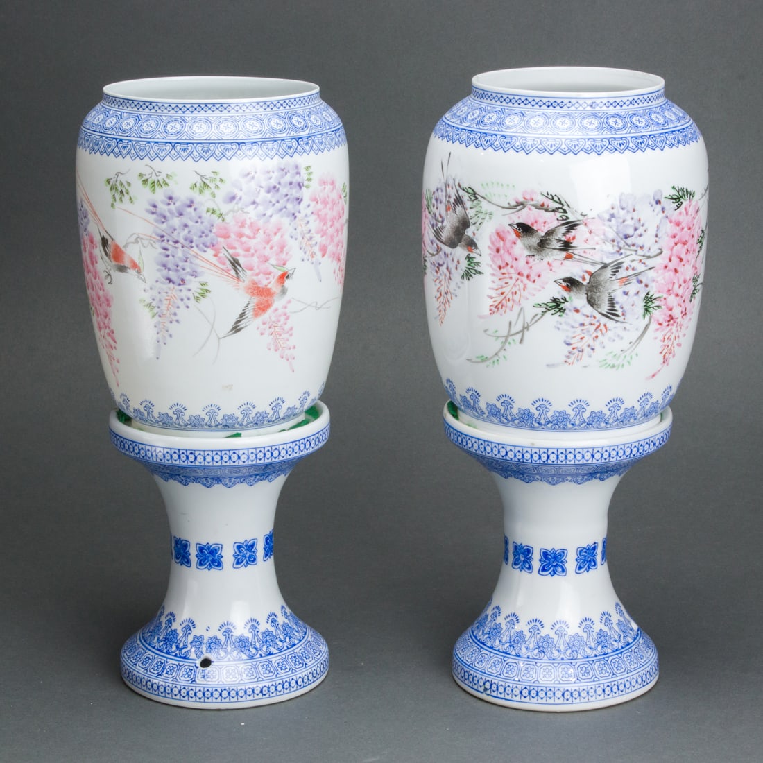Pair of Chinese enameled eggshell porcelain lanterns: Pair of Chinese enameled eggshell porcelain lanterns, height: 11".