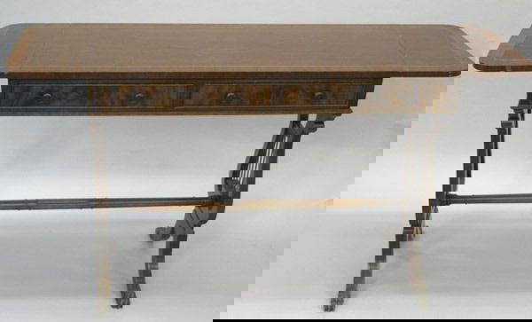 Kittinger Duncan Phyfe style sofa table: Kittinger Duncan Phyfe style mahogany sofa table with inlaid dropleaf top, two freize drawers, lyre sides with turned stretcher on brass claw feet, 40'' (56'' extended) x 16.5'' x 29''