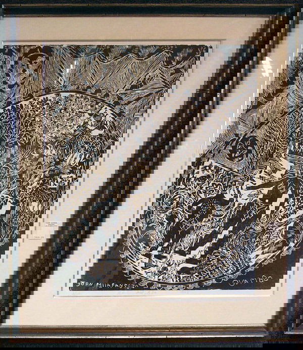 Linocut, John N. Muafangejo, African: Framed linocut print, ''Adam and Eva'' (1968) by John N. Muafangejo (African 1943-1987), dated and signed in image lower left, inscribed OVAMBO (region of Namibia) lower right, #41/80, image: 25''h x