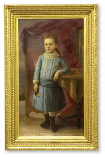 Oil, Horace Wolfe Duesbury, Californian: Framed oil on canvas, Portrait of a Child (1886), by Horace Wolfe Duesbury (Californian 1851-1904), signed and dated lower right, sight: 49''H x 27''W, overall: 60''H x 38''W