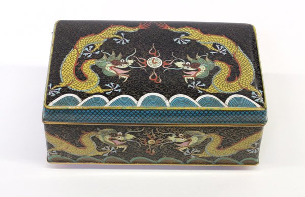 Chinese Cloisonne Enameled 'Dragon' Box: Chinese cloisonne enameled rectangular box, the hinged top and sides of the container featuring pairs of confronted yellow dragons contesting flaming jewels above rolling waves of a turquoise hue and 