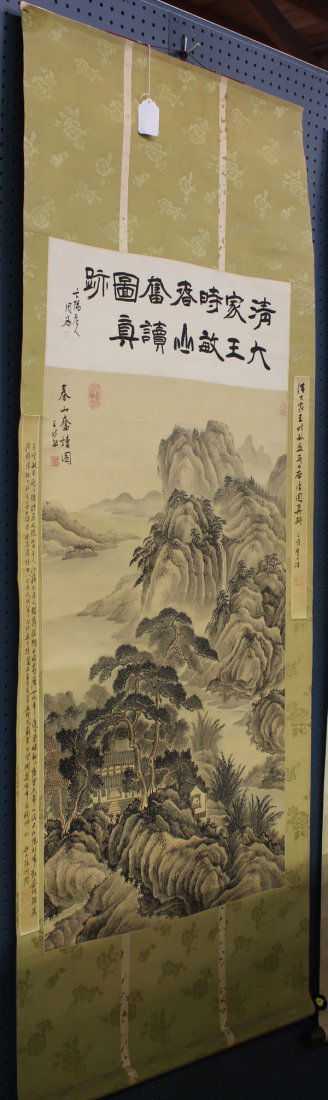 Chinese Scroll, Wang Shimin (after), Landscape: Chinese hanging scroll, ink and color on silk, Landscape (chun shan fen du tu), after Wang Shimin (Chinese, 1592-1680), title to the upper left, bearing the signature and three seals of the artist, th