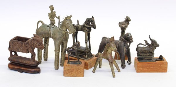 Group of East Indian Bronze Figurines, Oxen/Horse: (Lot of 8) Group of East Indian bronze/copper alloy figurines, including: one of Nandi and a Shiva lingum; one of an ox on a plinth (handle?), four of horses, one of a horse with a rider, together wit