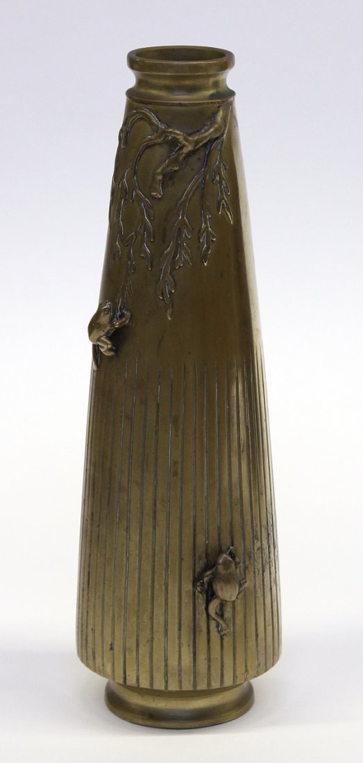 Japanese Bronze Vase, Frogs: Japanese bronze vase, of slender conical form cast in relief with a pair of frogs climbing past the vertical ribs on the lower section and towards the leafy branches extending from the top, raised on 