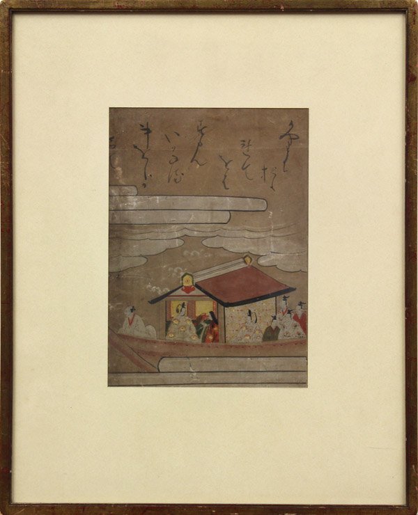 Japanese Album Leaf, Edo: Framed Japanese album leaf, Edo period, ink, color and gilt pigment on paper, possibly from a Nara e-hon, depicting a maiden and seven courtiers in a boat below a poetic inscription, sight: 9''h x 6.5