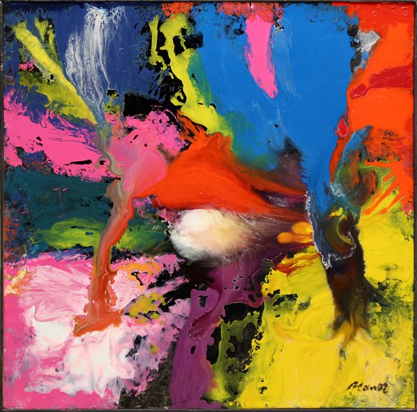 Painting, Manor Shadian, Abstract: Framed oil on board, ''Four Seasons,'' by Manor Shadian (Californian/Iranian, b. 1931), signed ''Manor'' lower right, signed and titled verso, overall: 36.5''h x 36.5''w