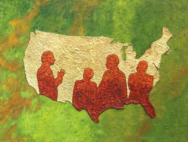 Painting, Jamie Brunson, Prime Real Estate: Unframed (stretched) acrylic and metal leaf on canvas, ''Prime Real Estate,'' 1988, by Jamie Brunson (American, Contemporary), signed, titled, and dated verso, overall: 20.5''h x 26.5''w