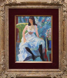 Painting, Louis Berthomme Saint Andre: Framed oil on canvas, Girl with Black Stockings, by Louis Berthomme-Saint-Andre (French, 1905-1977), signed ''L.B. St. Andre'' at lower edge, artist's stamp and label verso, overall: 22''h x 19.5''w