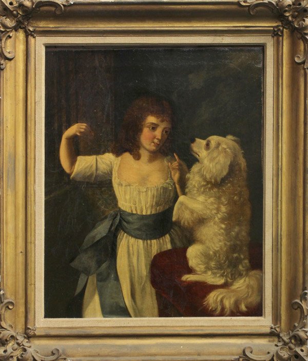 Painting, Young Girl and Her Dog, 18th c.: Framed oil on canvas, Young Girl and Her Dog, Continental School (18th century), unsigned, canvas: 20.75''h x 17''w, overall: 27''h x 23''w