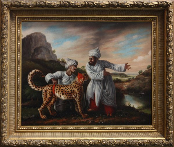 Painting, East Indian Landscape: Framed oil on canvas, East Indian Landscape with Figures and Leopard, Continental School (19th century), unsigned, overall: 32.5''h x 39''w