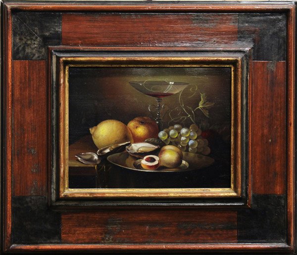 Paintings, Still Lifes on copper: (lot of 2) Framed oils on copper, Still Lifes with Fruit and Wine, Continental School (20th century), one signed indistinctly ''Ida Ludzolore)(?)'' lower right, overall (each): 12.75''h x 14.75''w