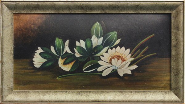 Painting, Still Life with Water Lillies: Framed oil on board, Still Life with Water Lillies, American School (20th century), unsigned, overall: 12''h x 21.25''w