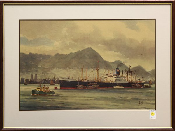 Watercolor, Hong Kong Harbor by Ling: Framed watercolor, Hong Kong Harbor, Chinese School (20th century), signed ''Ling'' lower right, overall: 26''h x 34.5''w