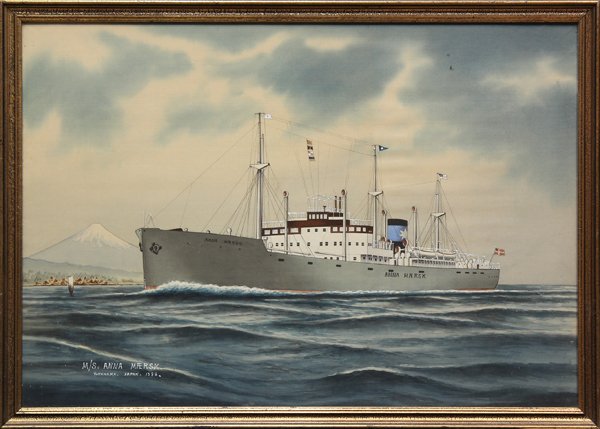 Painting, Ship - Anna Maersk, Japan: Framed oil on silk, ''Ship - Anna Maersk (Yokohama, Japan),'' 1938, Japanese School (20th century), titled and dated lower left, overall: 14.75''h x 20.75''w