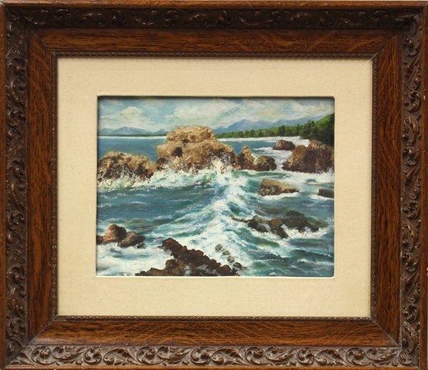 Painting, Raymond Jerome Jones: Framed oil on canvas board, Rocky California Coast, by Raymond Jerome Jones (Californian, 1887-1941), signed ''R. Jones'' lower right, board: 10''h x 13''w, overall: 19.5''h x 22.75''w