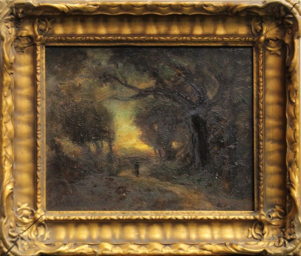 Painting, James Martin Griffin: Framed oil on board, Landscape with Figure Walking a Path, by James Martin Griffin (Californian, 1850-1931), signed ''J. M. Griffin'' lower left, overall: 12.25''h x 13.5''w