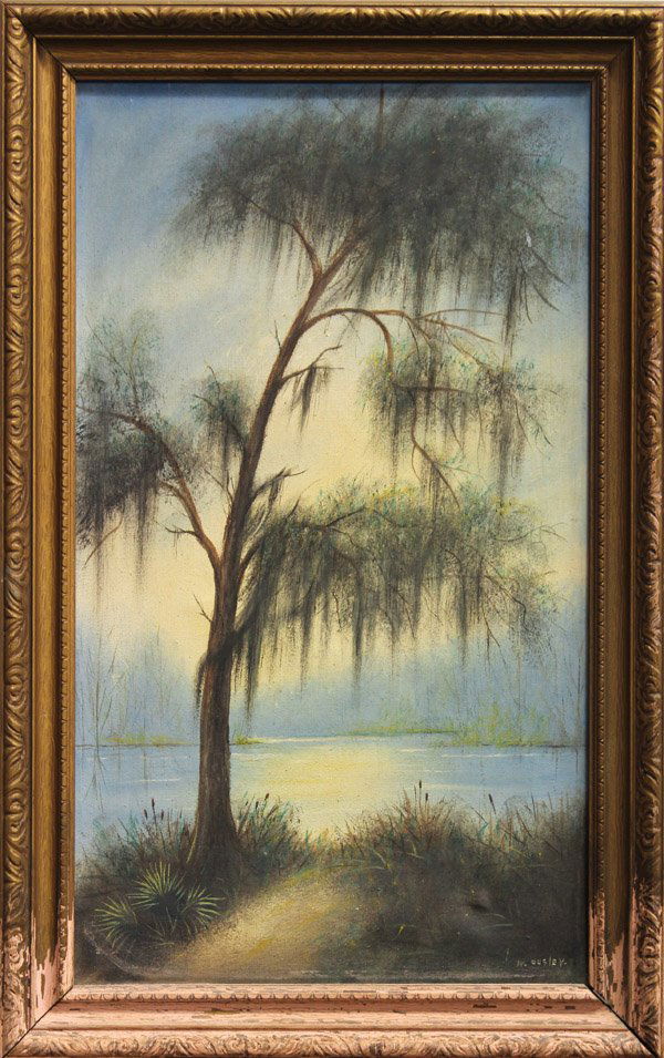 Painting, William Ousley: Framed oil on canvas, ''Bayou Scene,'' by William Ousley (Louisiana 1866-1953), signed W. Ousley, lower right, sight 23.5'' x 13.5'', overall 28'' x 17.5''