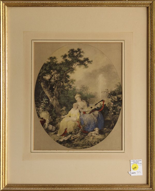 Engravings, European School: (Lot of 3) Framed hand colored lithographs and an engraving, European School, 19th century, ''L'escarpolette,'' after Jean Baptiste Joseph Pater, published by Franz Hanfstaengl, Munchen, largest overa