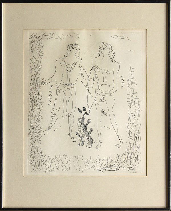 Etching, Georges Braque: Framed etching, ''Eros and Eurybia,'' by Georges Braque (French, 1882-1963), unsigned, title label affixed verso (The Collector's Guild Ltd, New York City), overall: 21.25''h x 17.5''w