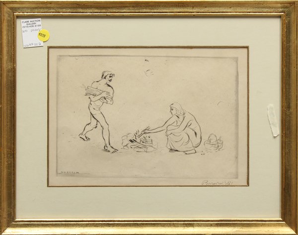 Etching, Figures Bulding a Fire: Framed etching, Figures Building a Fire, Continental School (20th century), signed indistinctly in pencil ''Borcosm (?)'' lower right, overall: 15''h x 18.75''w