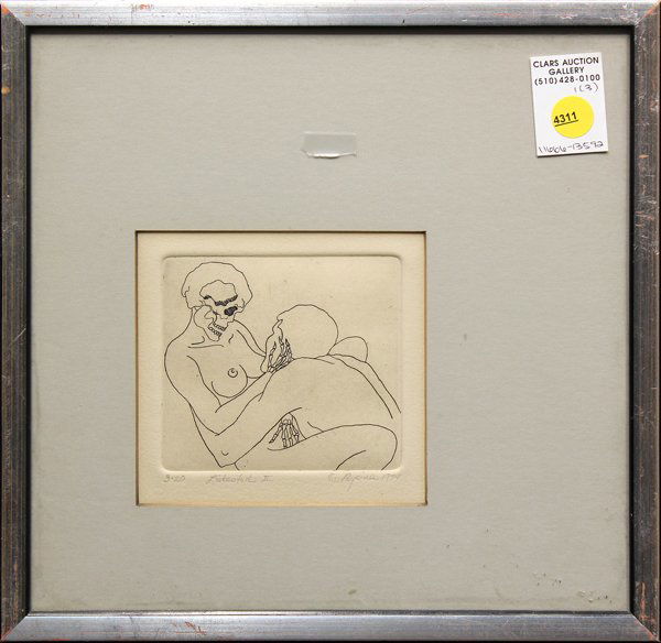Etchings, Bycina, Erotic Skeletons: (lot of 3) Framed etchings, ''Liebestoor I,II, and III,'' 1974, German School, pencil signed ''D. Bycina'' lower right, numbered, titled, dated within lower margin, overall (each): 11.5''h x 11.5''w