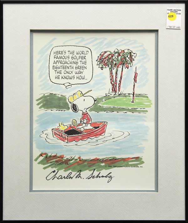 Print signed by Charles Schulz: Framed print, ''Here's the world famous golfer... the only way he knows how...,'' signed in marker ''Charles M. Schulz'' lower left, overall: 19.25''h x 16.25''w