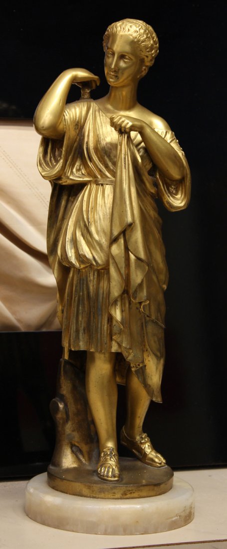 Bronze, Classical Female Figure: Patinated bronze sculpture, Classical Female Figure, Continental School (19th century), unsigned, mounted on white marble base (circular), overall: 13.75''h x 4.5''w x 4.75''d