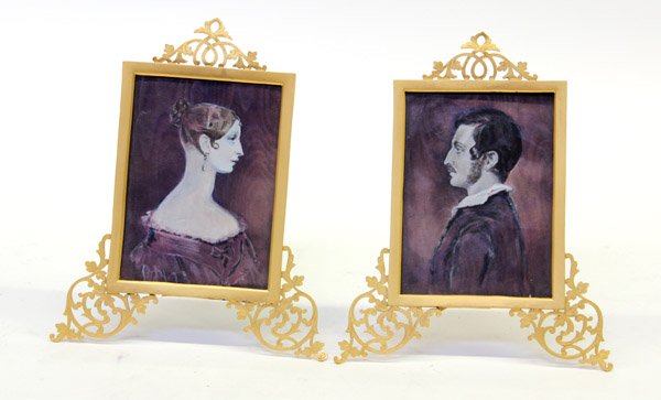 Pair of portraits, British School, 19th c.: (Lot of 2) Framed oils on silk, ''Prince Albert'' & Portrait of a Lady, British School (19th century), unsigned, one titled verso, overall (each): 8.75''h x 7.25''w