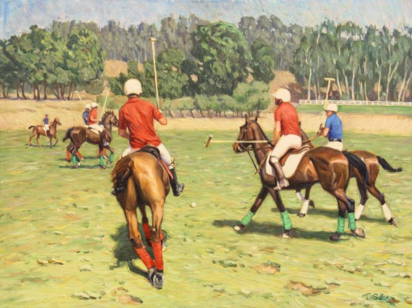 Painting, Tim Solliday, Polo Match: Unframed oil on canvas, ''Polo Match,'' by Tim Solliday (Californian, b. 1952), signed ''T. Solliday'' lower right, title inscribed verso, overall: 30''h x 40''w