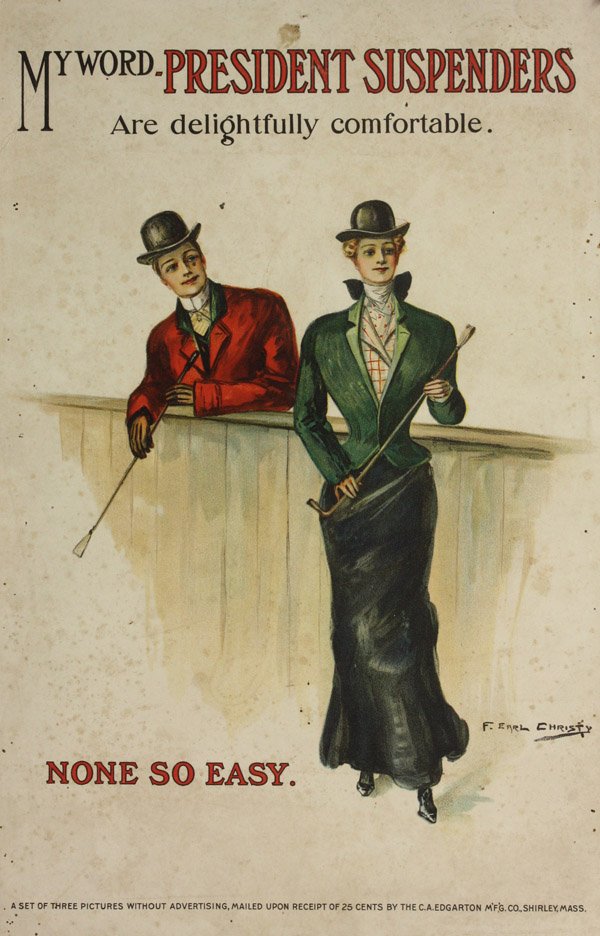 Pin-ups, President suspenders: (Lot of 7) Four color lithograph advertising posters for President suspenders, after F. Earl Christy and three artists sketch pads depicting 1940s pin-ups, largest overall: 14.5''h x 9.5''w