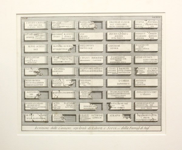 Engravings, Manner of Piranesi, Architecture: (Lot of 2) Unframed (matted) engraved bookplates, ''Iscrizioni delle Camere'' and ''Veduta,'' Italian School, 19th century, in the manner of Francesco Piranesi (Italian, 1758-1810), plate numbers insc