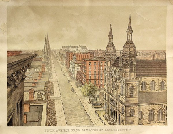 Color lithograph, after John Bachmann, New York: Unframed color lithograph, ''Fifth Avenue From 42nd Street Looking North,'' 1904, after John Bachmann (American 1814-1896), published by R.A. Welcke, copyrighted by Max Williams, publication line lowe