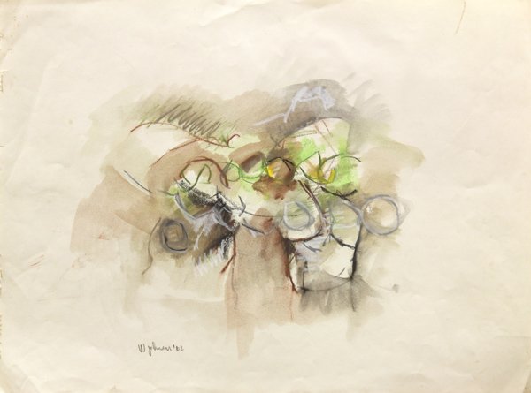 Mixed media on paper, Wesley Johnson: Unframed mixed media on paper, Untitled, 1962, by Wesley E. Johnson (Californian, b. 1934), signed and dated in pencil ''W. Johnson '62'' lower left, paper (overall): 18''h x 24''w