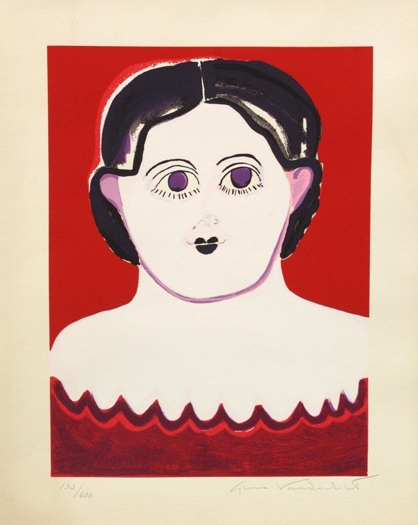 Lithograph, Gloria Vanderbilt, Female Bust: Unframed colored lithograph, Female Bust, by Gloria Vanderbilt (American, b. 1924), signed in pencil lower right, numbered edition of 600, largest overall: 20.25''h x 16''w