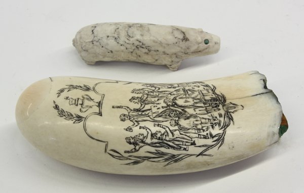 Scrimshaw whale tooth and polar bear carving: (lot of 2) Scrimshawed whale tooth depicting men engaged in a toast, together with a carved stone polar bear with turquoise eyes, possibly Inuit, tooth 5.25''l. Provenance: Unaccessioned from Honolulu