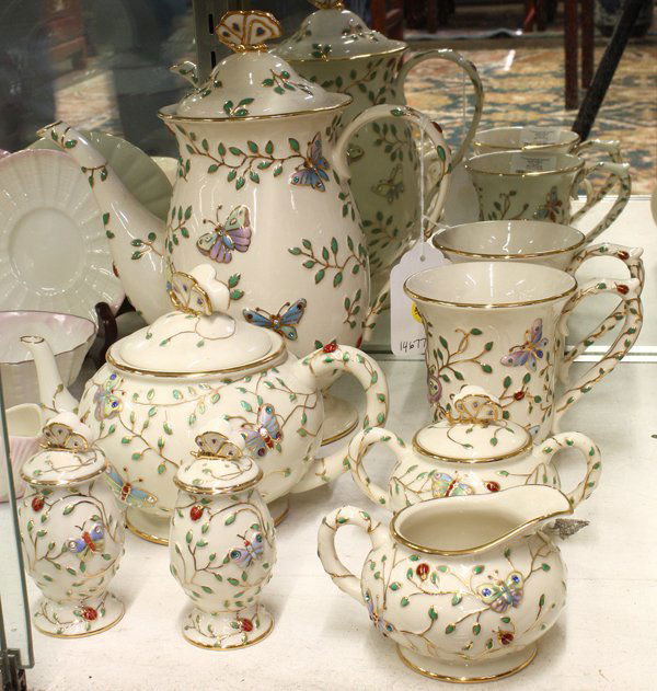 Lenox table articles: (lot of 8) Lenox polychrome and rhinestone decorated porcelain executed in the ''Summer Enchanment'' pattern (circa 2004), comprising tea and coffee pitchers, two coffee mugs, a creamer and covered su