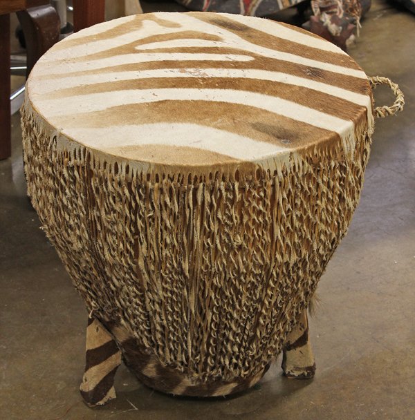 African drum: African animal skin covered drum, 20''h x 18''diam