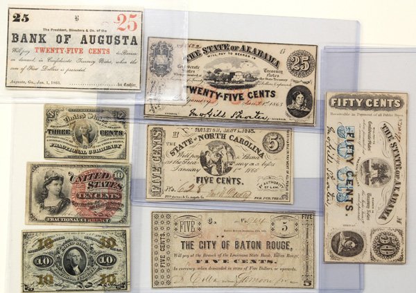 Lot of eight fractional currency notes: (Lot of 8) fractional currency notes: Bank of Augusta 25 cent 1863 unsigned, State of Alabama 25 cent and 50 cent 1863, State of North Carolina 5 cent 1863 (small holes) City of Baton Rouge 5 cent 186