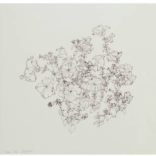 Print, Ruth Asawa: Ruth Asawa (American, 1926-2013), "Petunias," 1984, lithograph, pencil signed and dated lower left with Asawa chop, sheet: 8.25"h x 8.5"w, overall (with frame): 11.5"h x 11.75"w. Note: A signed letter