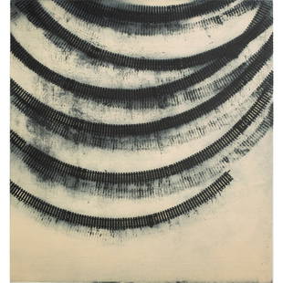 Print, Deborah Oropallo: Deborah Oropallo (American, b. 1954), "Rails," 1996, woodcut and etching print, pencil signed and dated lower right, edition 34/45, image: 29.5"h x 27.75"w, sheet (unframed): 36.5"h x 33.5"w