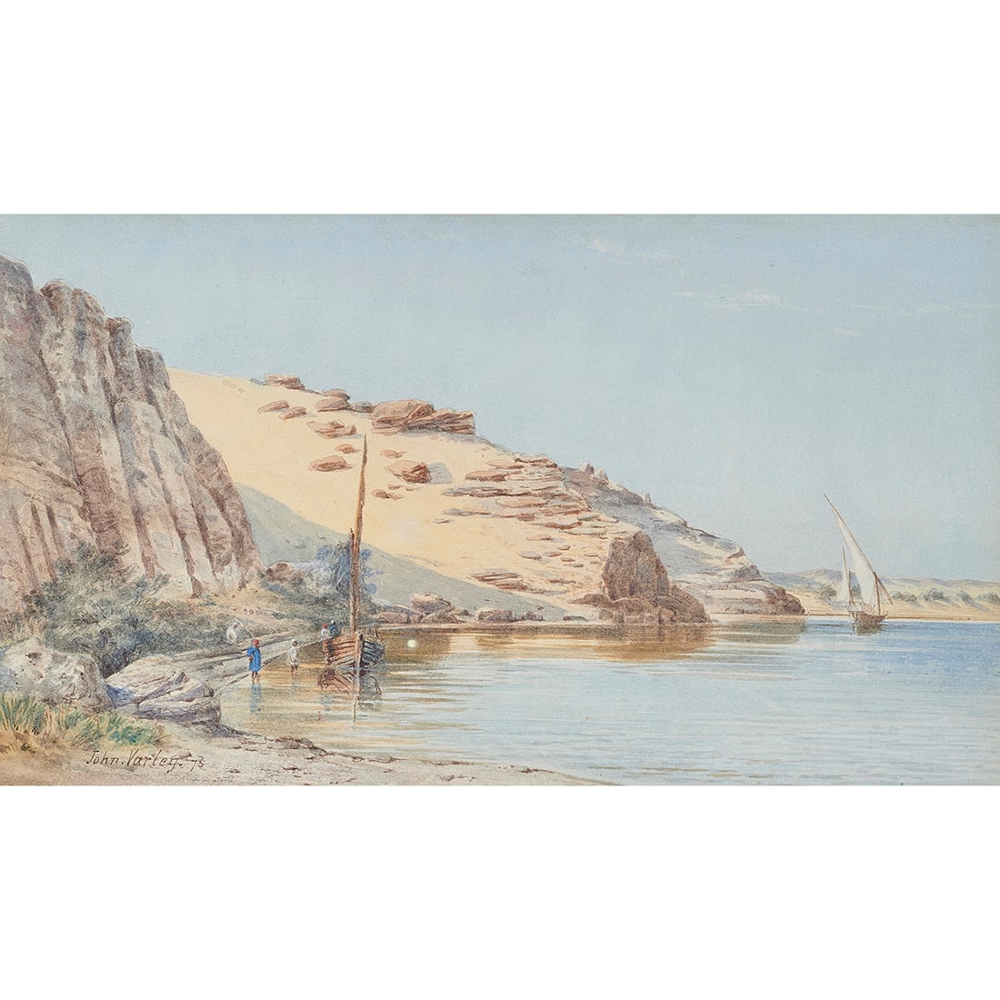 Watercolor, John Varley Jr.: John Varley Jr. (British, 1850-1933), "Aswan: The Nile Riber Bank," 1873, watercolor, signed and dated lower left, signed, dated, and titled verso, sight: 10"h x 17"w, overall (with frame): 22"h x 27.