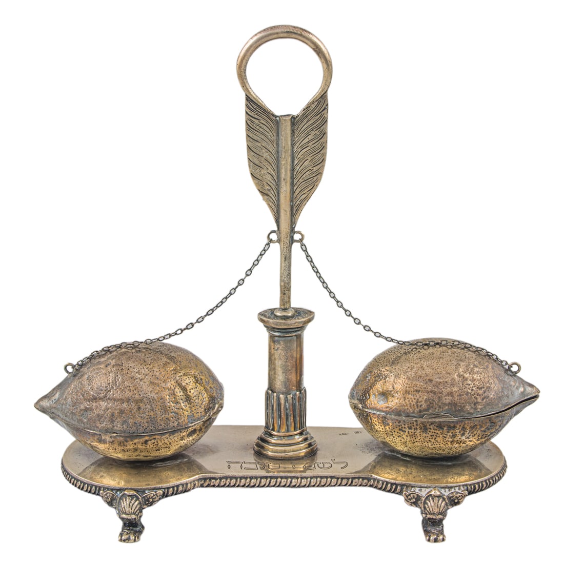 A European Judaica silver plate havdalah set composed of twin nut form spice boxes (1 of 2)