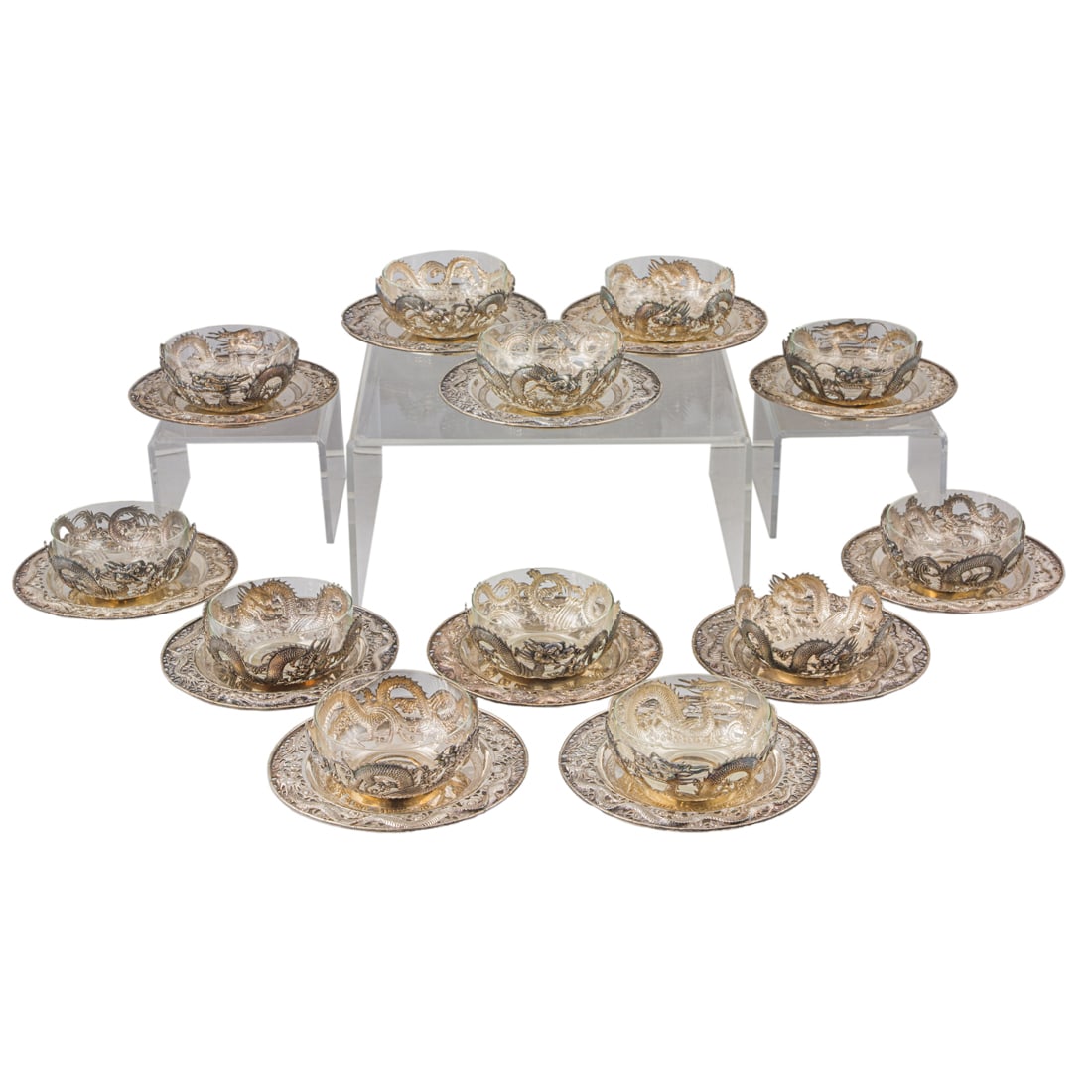 A suite of Chinese Export Wang & Hing Co dragon silver dessert service (1 of 2)